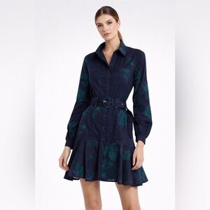 CIEBON Navy Floral Shirt Dress XS Belted Ruffle Hem Long Sleeve